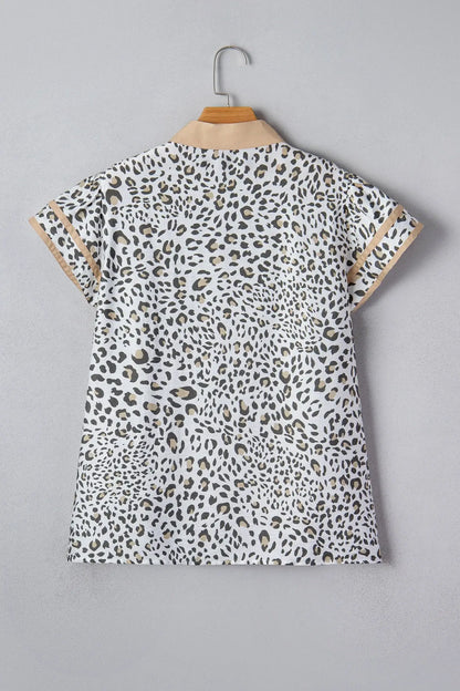 White Leopard Printed Color Block Patchwork V Neck Cap Sleeve Blouse - Sweet Fashion Wholesale