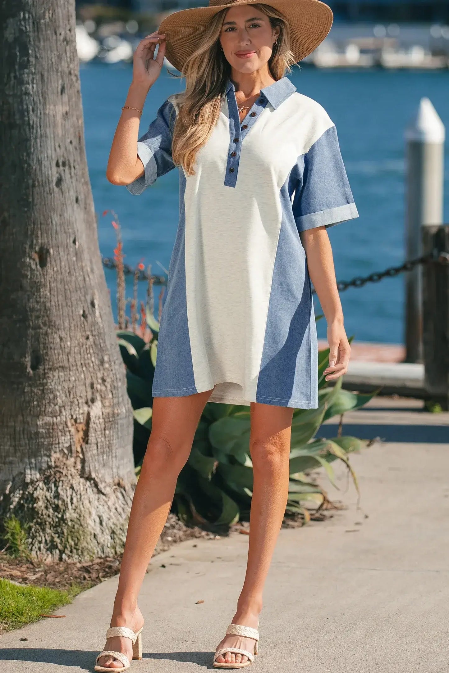 Light Grey Denim Color Block Patchwork Button Polo Collar T Shirt Tunic Dress - Sweet Fashion Wholesale