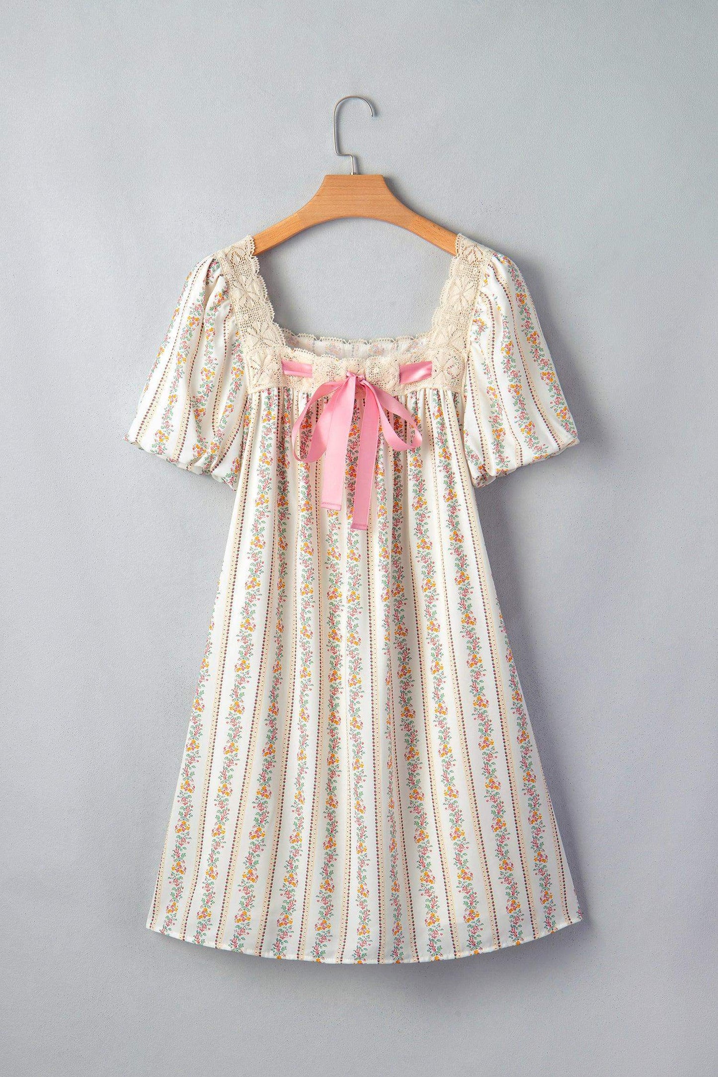 Multicolour Floral Print Contrast Ribbon Bow Lace Trim Square Neck Mini Dress