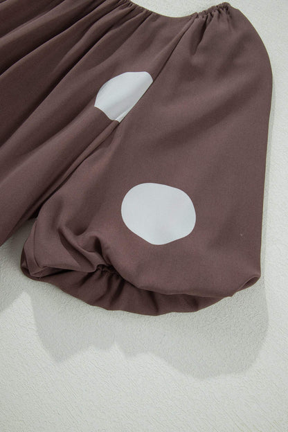 Brown Polka Dot Print Knot Back Short Puff Sleeve Loose Mini Dress