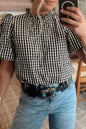 Black Plaid Short Puff Sleeve Frilled Neck Blouse
