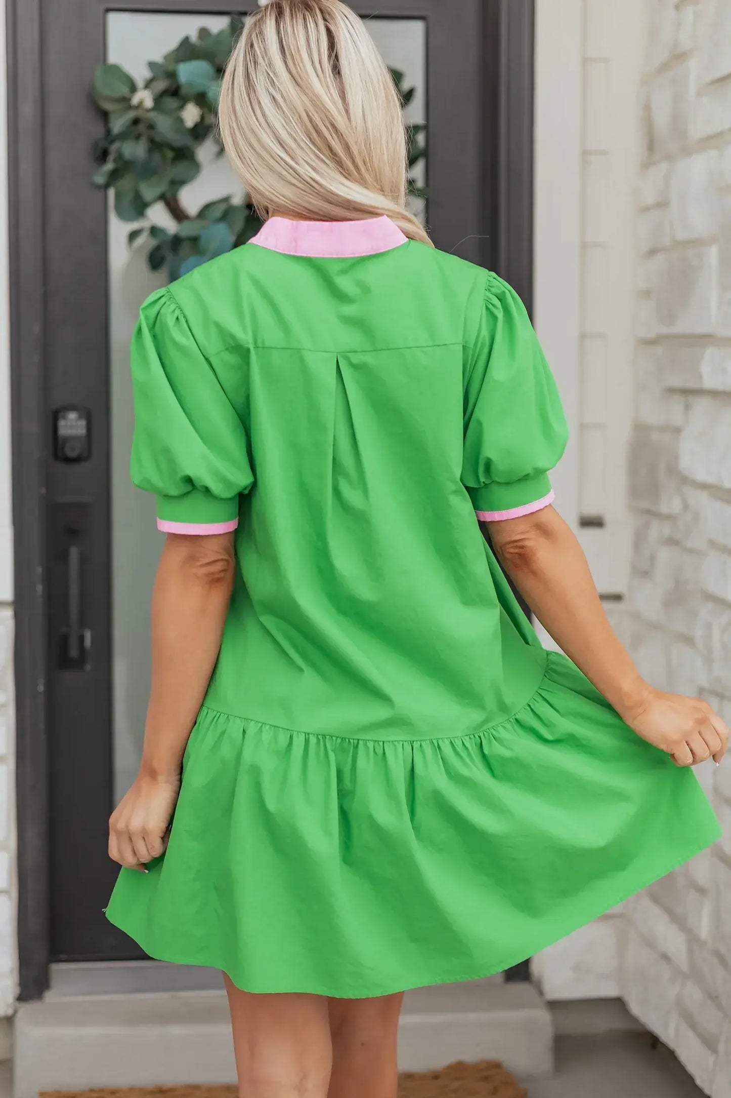 Bright Green Color Block Detail Split Neck Short Puff Sleeve Ruffle Hem Mini Dress - Sweet Fashion Wholesale