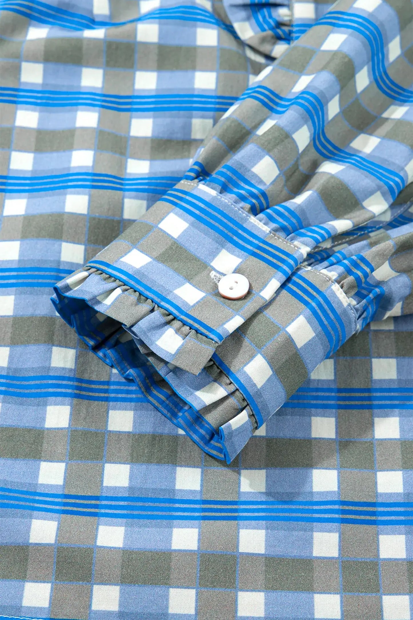 Sky Blue Plaid Long Sleeve Frilled Detail Half Button Blouse - Sweet Fashion Wholesale