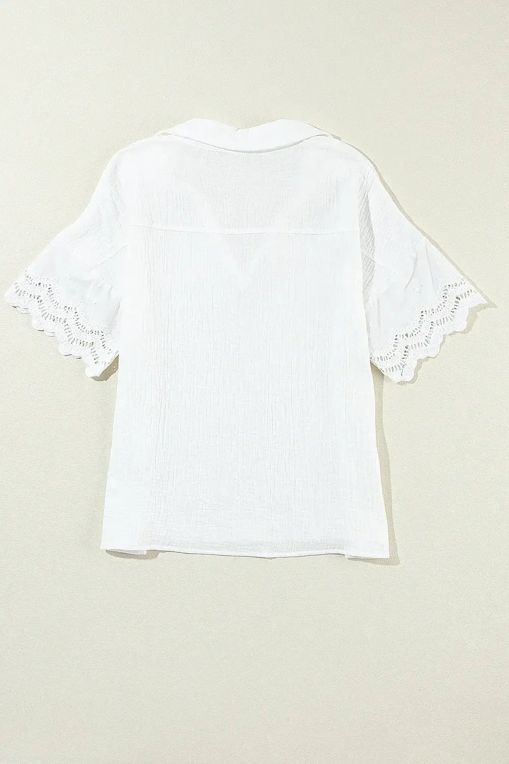White Crinkled Lace Splicing Sleeve Collared V Neck Blouse