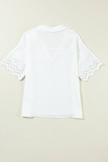 White Crinkled Lace Splicing Sleeve Collared V Neck Blouse