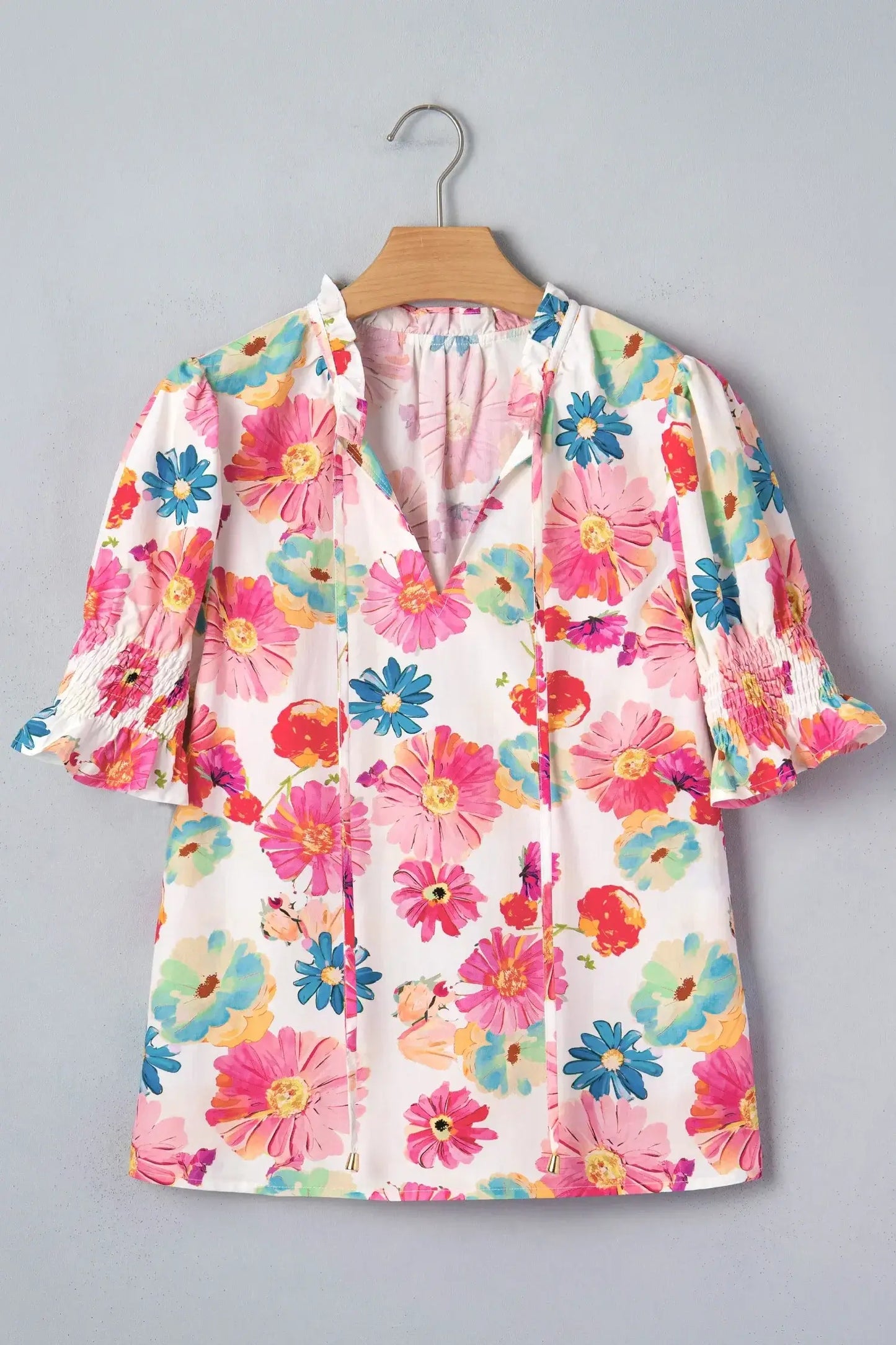 Beige Vibrant Summer Floral Tie V Neck Short Puff Sleeve Blouse - Sweet Fashion Wholesale