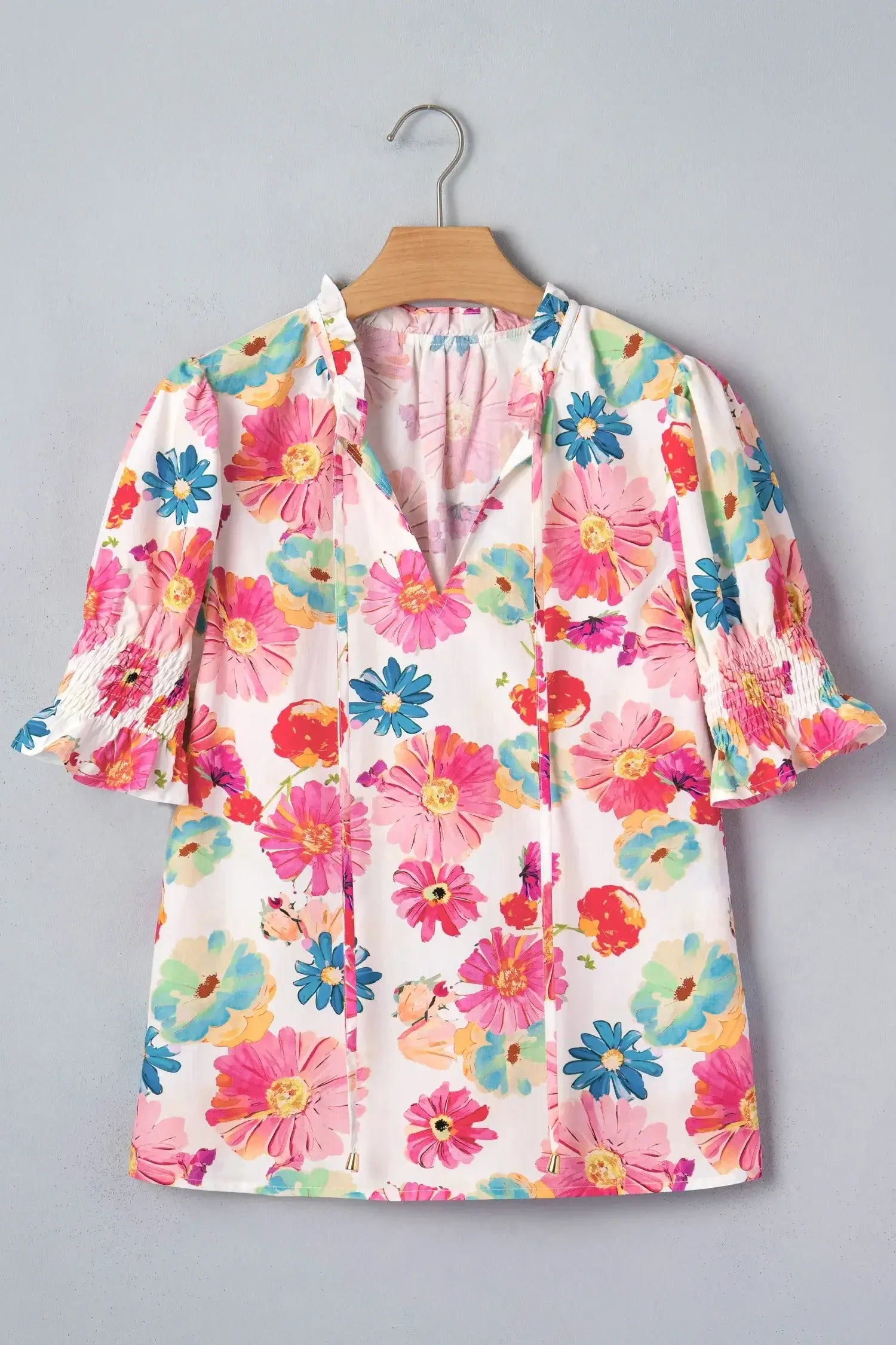 Beige Vibrant Summer Floral Tie V Neck Short Puff Sleeve Blouse - Sweet Fashion Wholesale