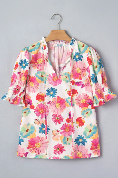 Beige Vibrant Summer Floral Tie V Neck Short Puff Sleeve Blouse - Sweet Fashion Wholesale