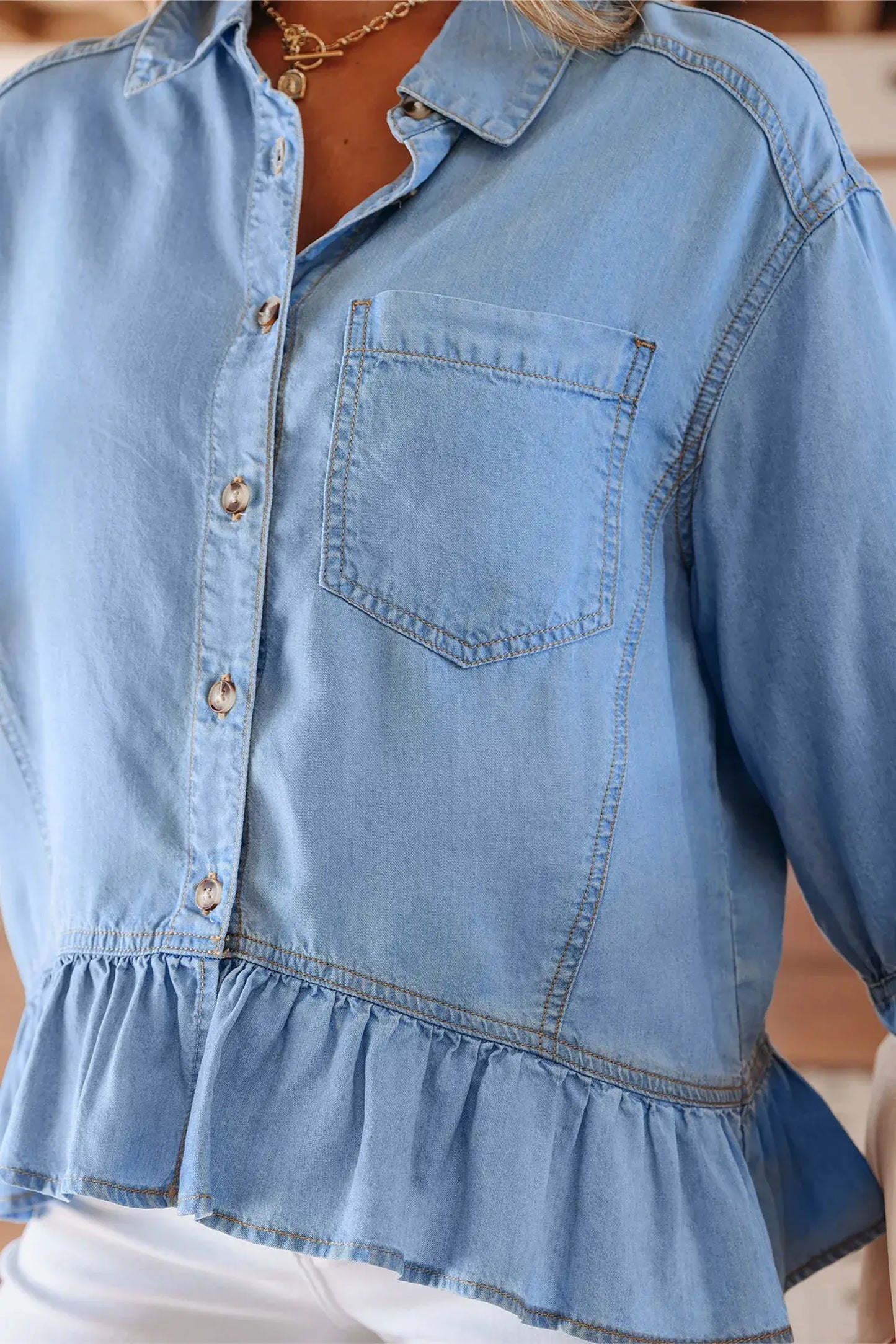 Beau Blue Half Sleeve Button Down Ruffled High Low Chambray Shirt - Sweet Fashion Wholesale