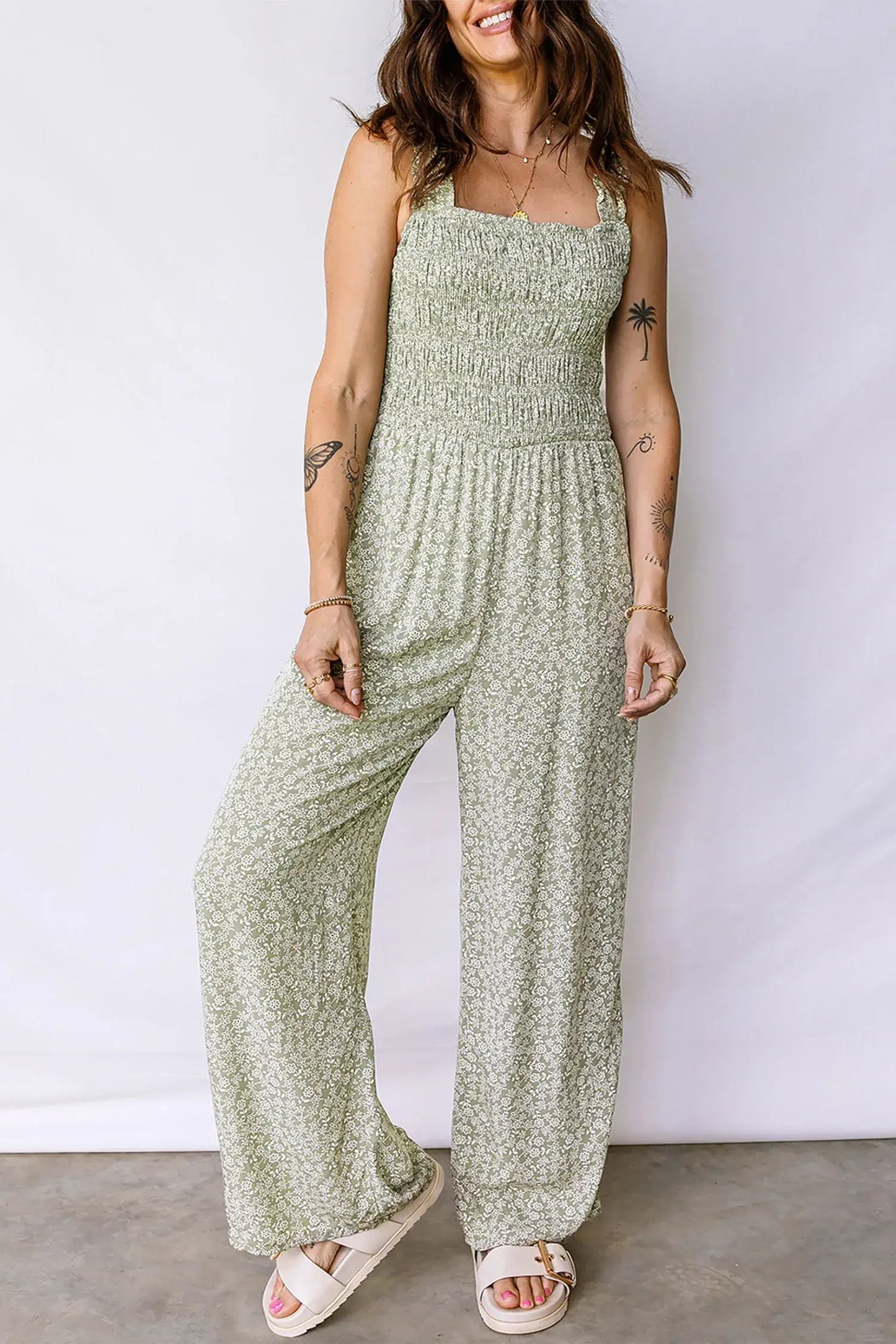 Green Smocked Bodice Square Neck Sleeveless Floral Jumpsuit - Sweet Fashion Wholesale