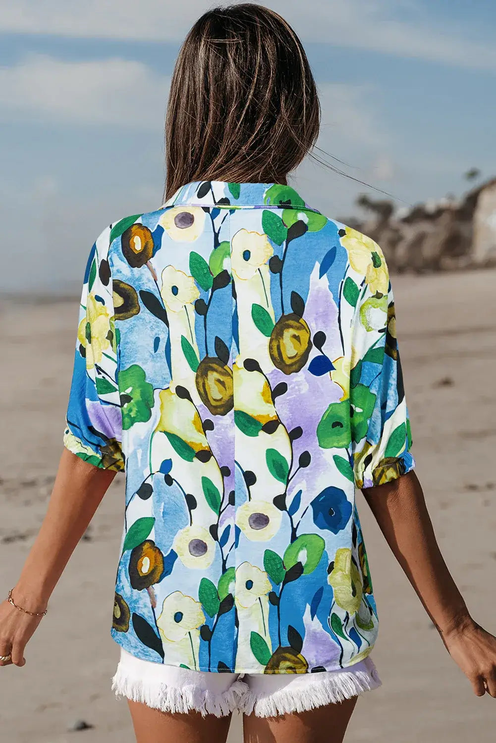 Peacock Blue Floral Print Slit V Neck Short Sleeve Blouse