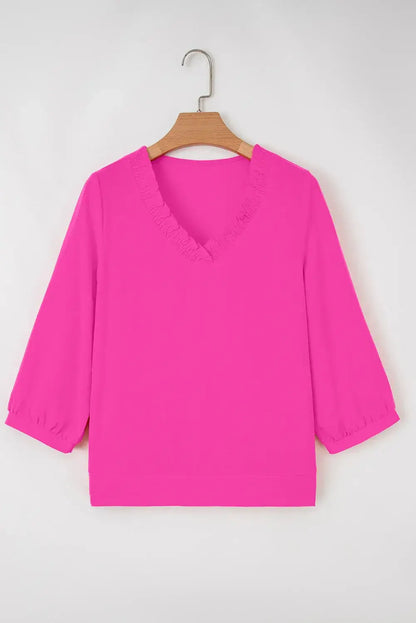 Sky Blue Frilled V Neckline Bracelet Sleeve Crinkled Blouse