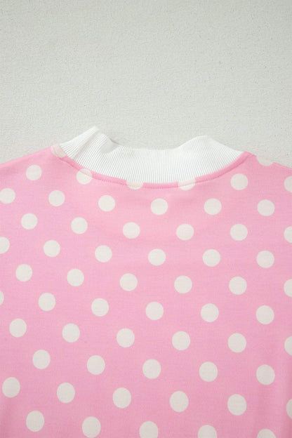 Green Polka Dot Print Color Block Trim Mock Neck Short Set