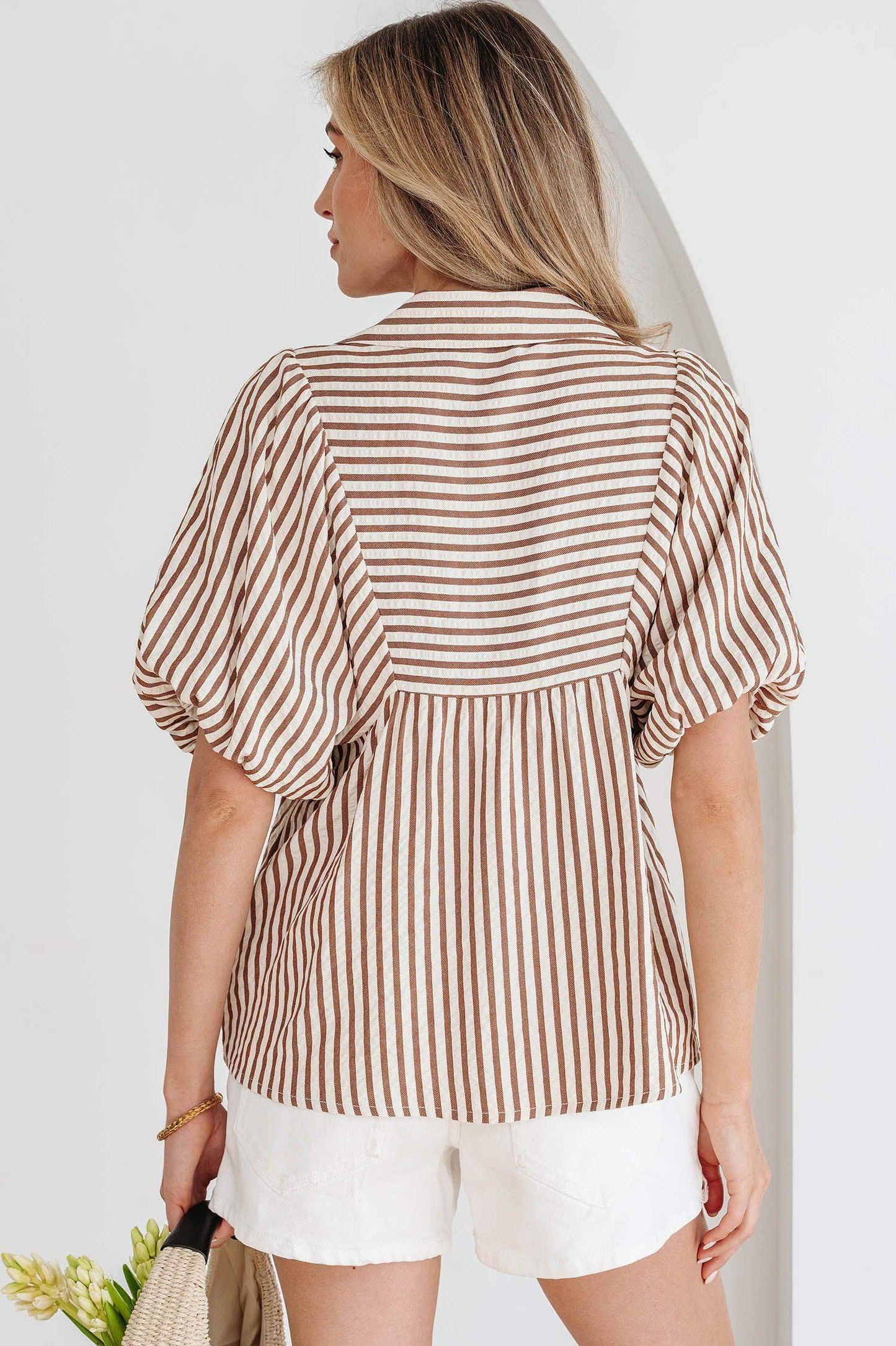 Brown Stripe Shirred V Neck Short Puff Sleeve Blouse - Sweet Fashion Wholesale
