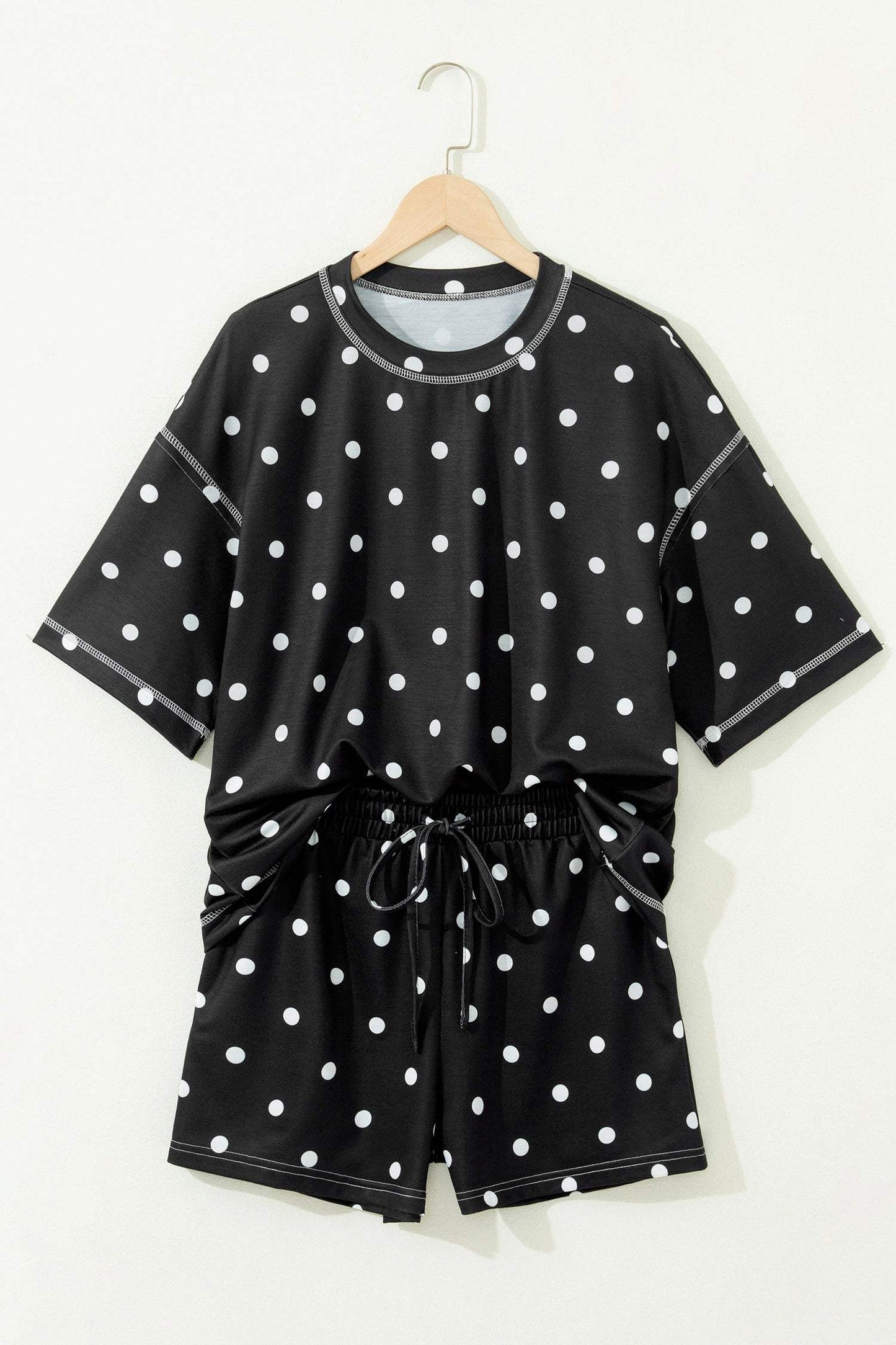 Yellow Exposed Seam Detail Polka Dot Loose Tee Drawstring Shorts Set
