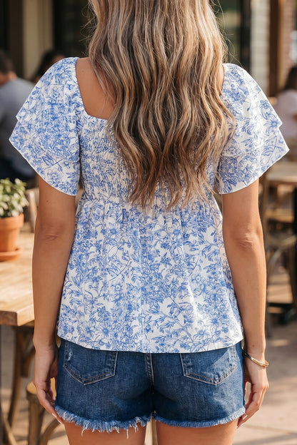 Sky Blue Floral Print Square Neck Ruffled Sleeve Shirred Babydoll Blouse
