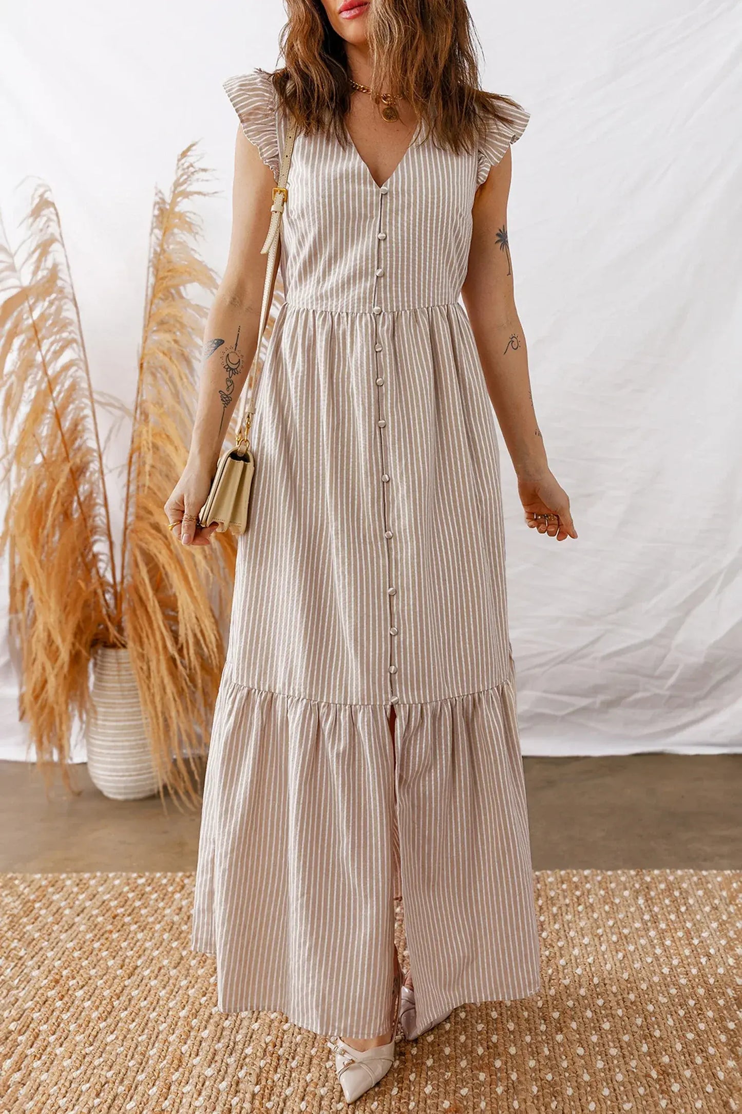 Khaki Stripe Flutter Sleeve Buttoned Front Slit Maxi Dress - Sweet Fashion Wholesale