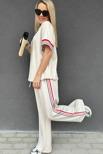 Jet Stream Contrast Striped Trim Crewneck T Shirt Loose Straight Pants Set - Sweet Fashion Wholesale