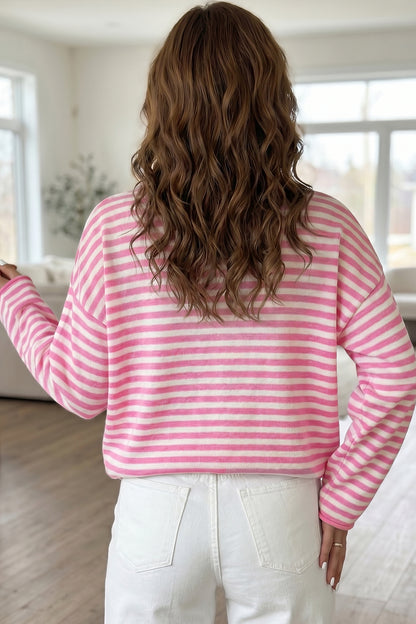 Green Stripe Striped Button Placket Drop Shoulder Long Sleeve Sweater