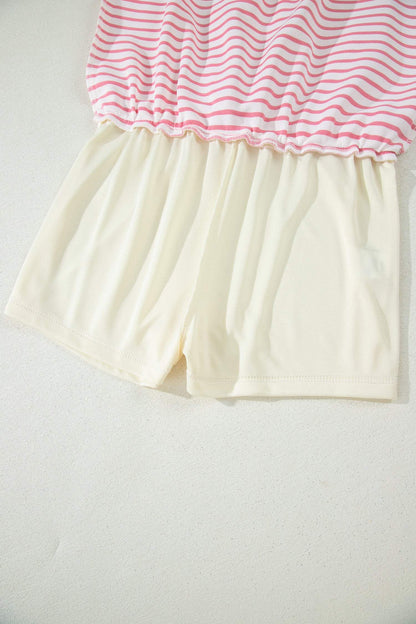 Pink Stripe Color Block Patchwork Polo Tee Drawstring Elastic Waist 2pcs Skort Set