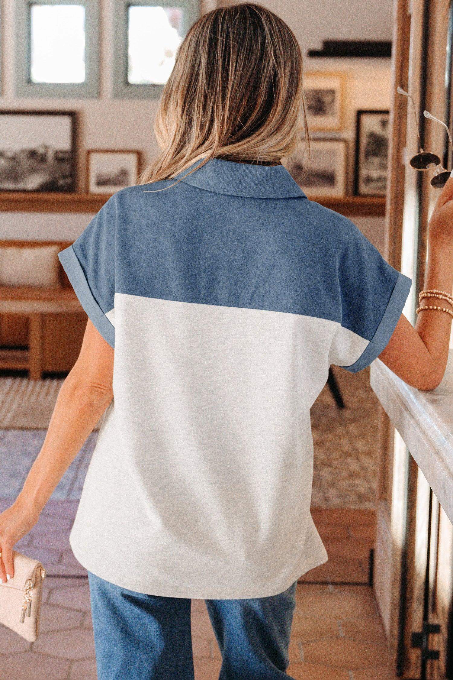 Light Grey Color Block Denim Patchwork Button Polo Collar Short Sleeve Top - Sweet Fashion Wholesale