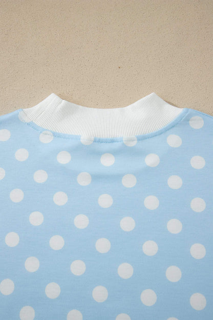 Green Polka Dot Print Color Block Trim Mock Neck Short Set