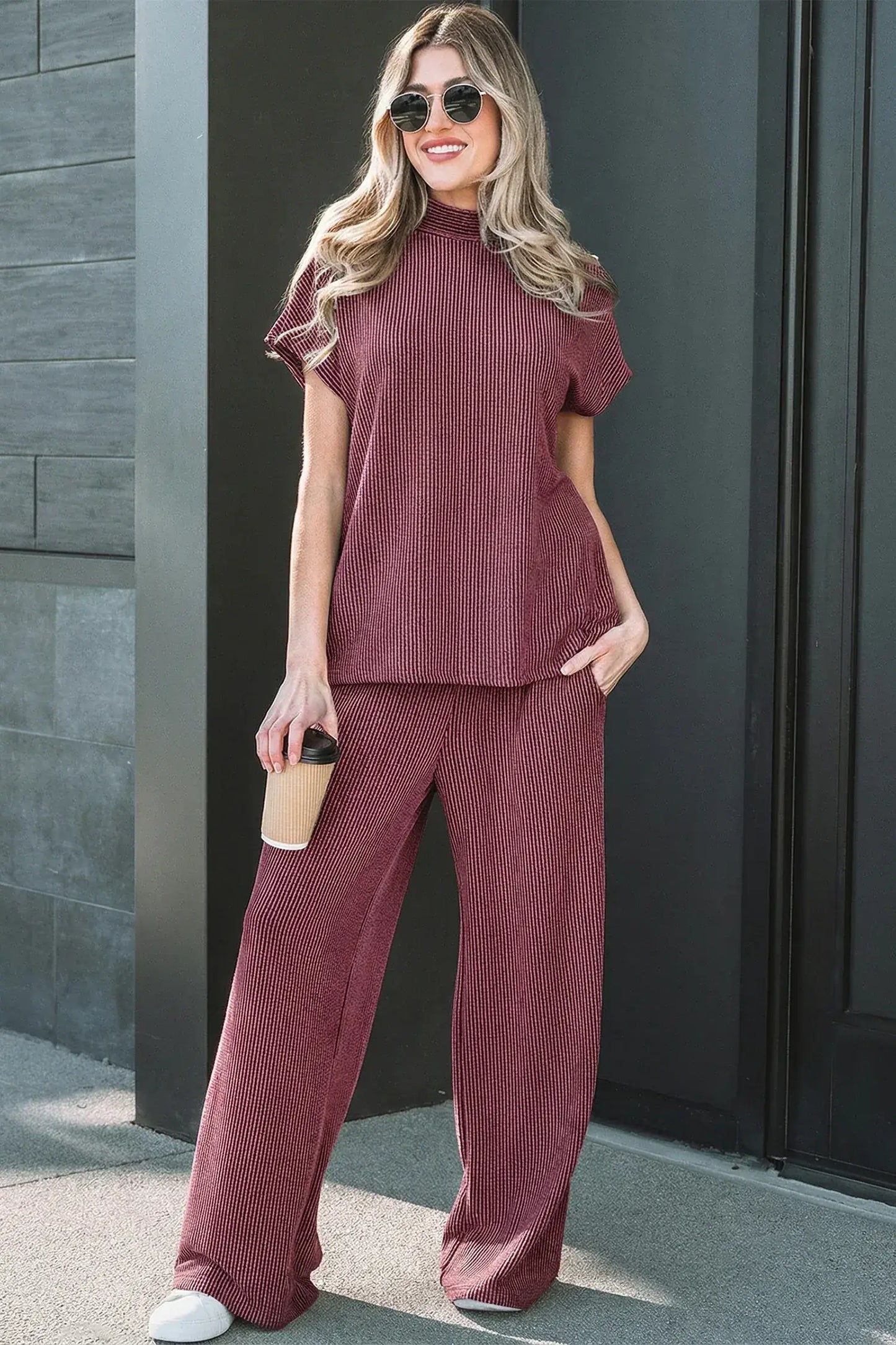 Dark Grey Twisted Ribbed High Neck Loose Tee Elastic High Waist Loose Pant Set - Sweet Fashion Wholesale