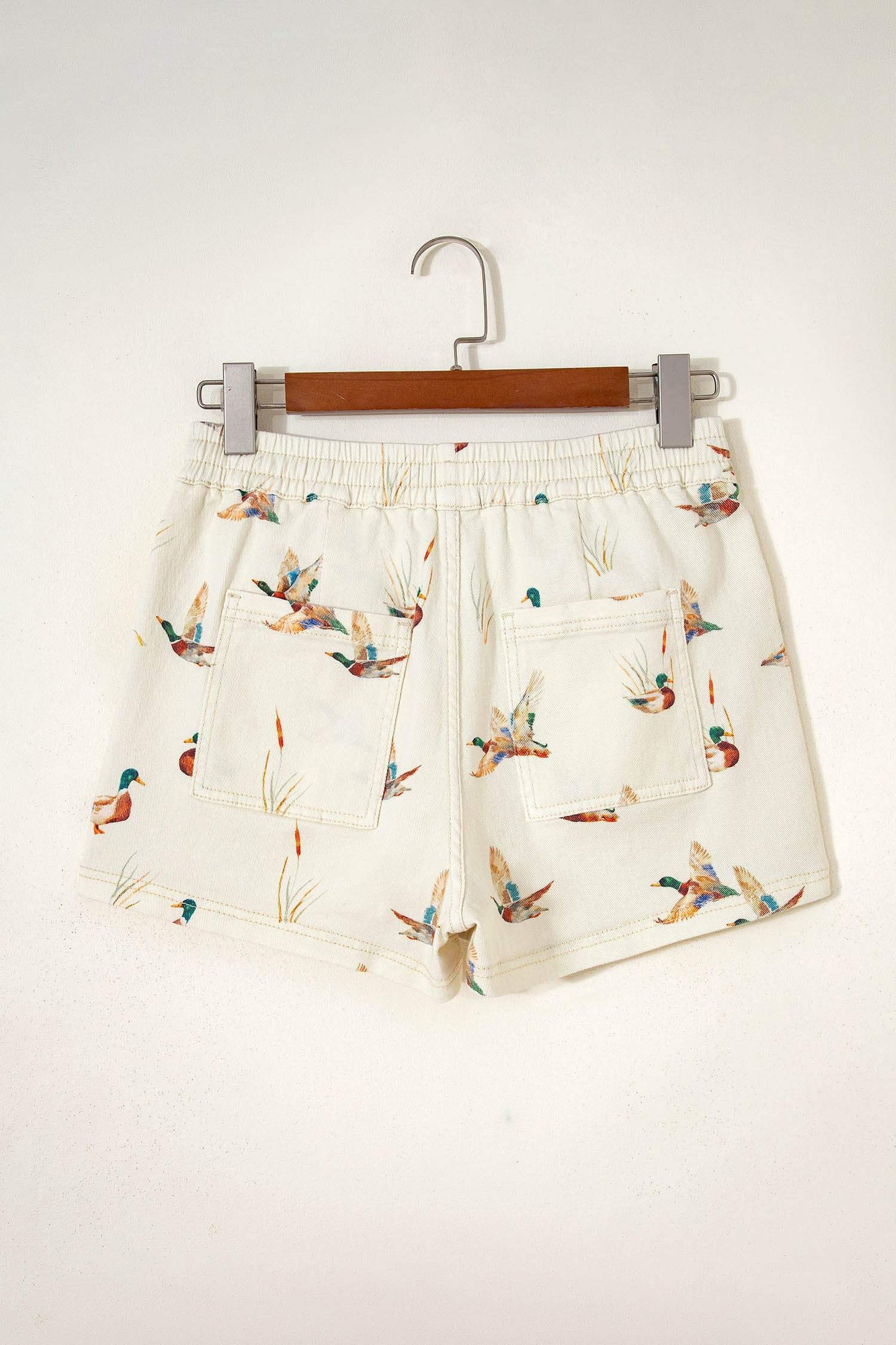 Beige Wild Duck Mallard Printed Drawstring Denim Shorts