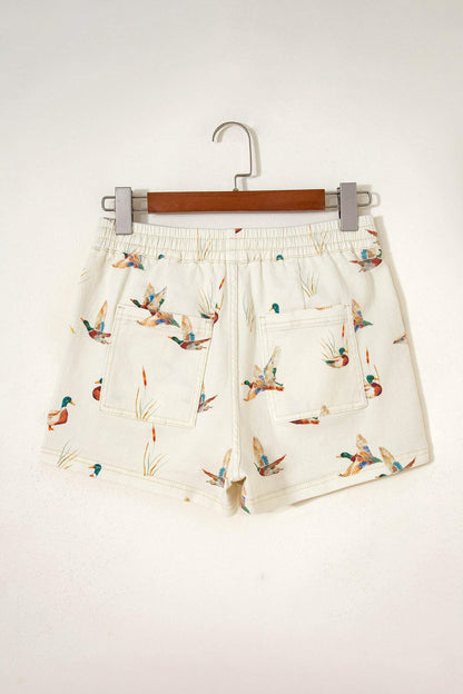 Beige Wild Duck Mallard Printed Drawstring Denim Shorts