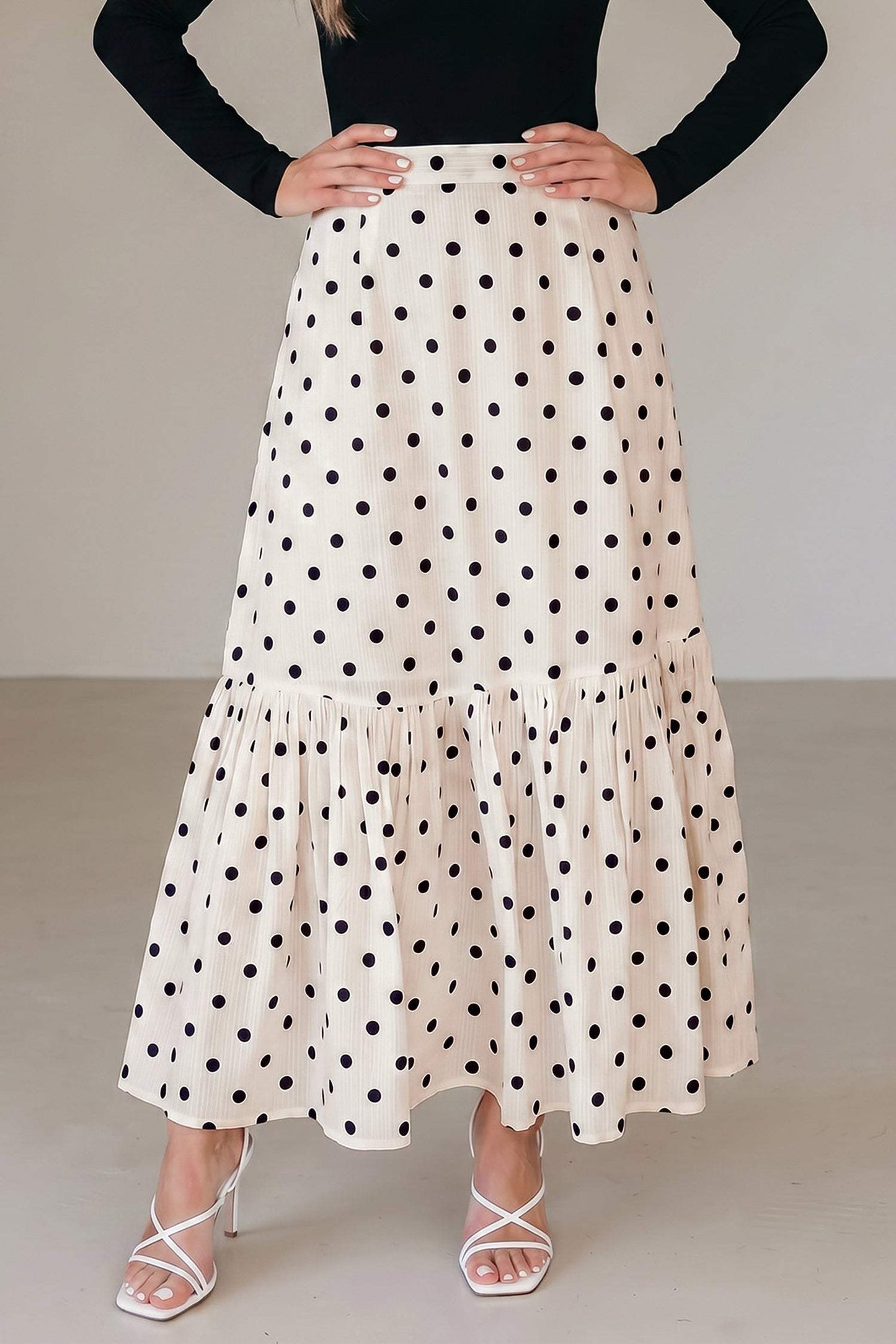 White Polka Dot Ruffled Slit Maxi Skirt