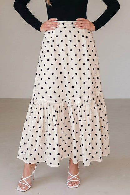 White Polka Dot Ruffled Slit Maxi Skirt