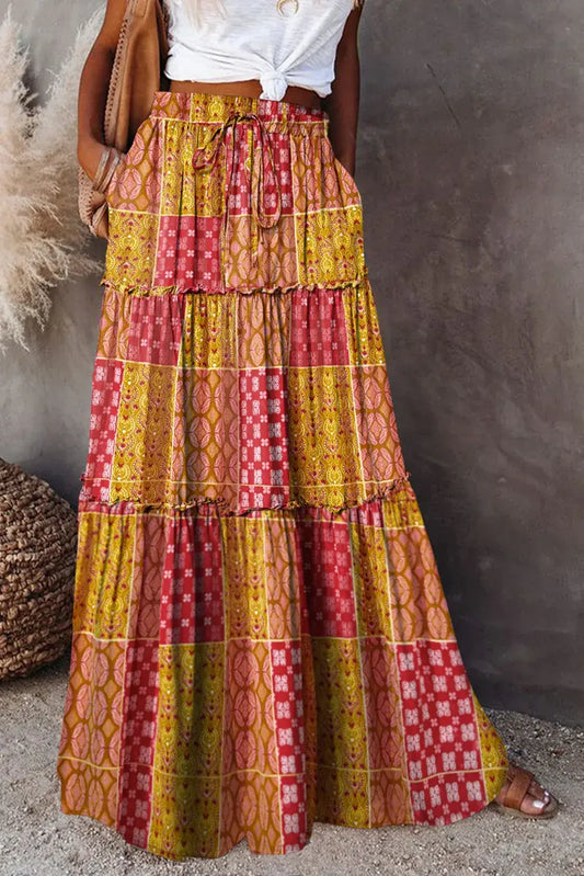 Orange Tiered Paisley Print Pocketed Maxi Skirt - Sweet Fashion Wholesale