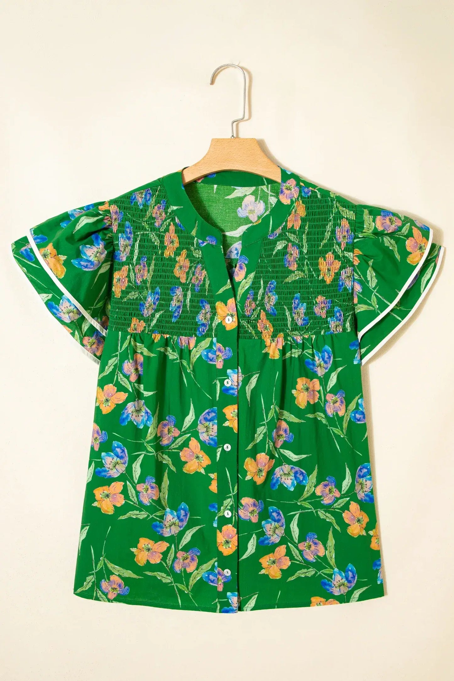 Green Plus Size Ruffled Short Sleeve Floral Top - Sweet Fashion Wholesale
