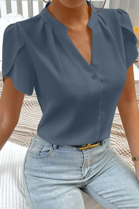Sail Blue Silky Notched Neckline Petal Sleeve Blouse - Sweet Fashion Wholesale