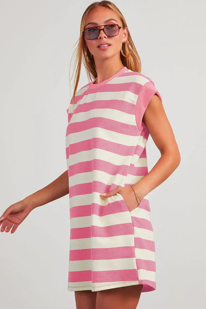 Black Stripe Cap Sleeve Shift T Shirt Dress - Sweet Fashion Wholesale