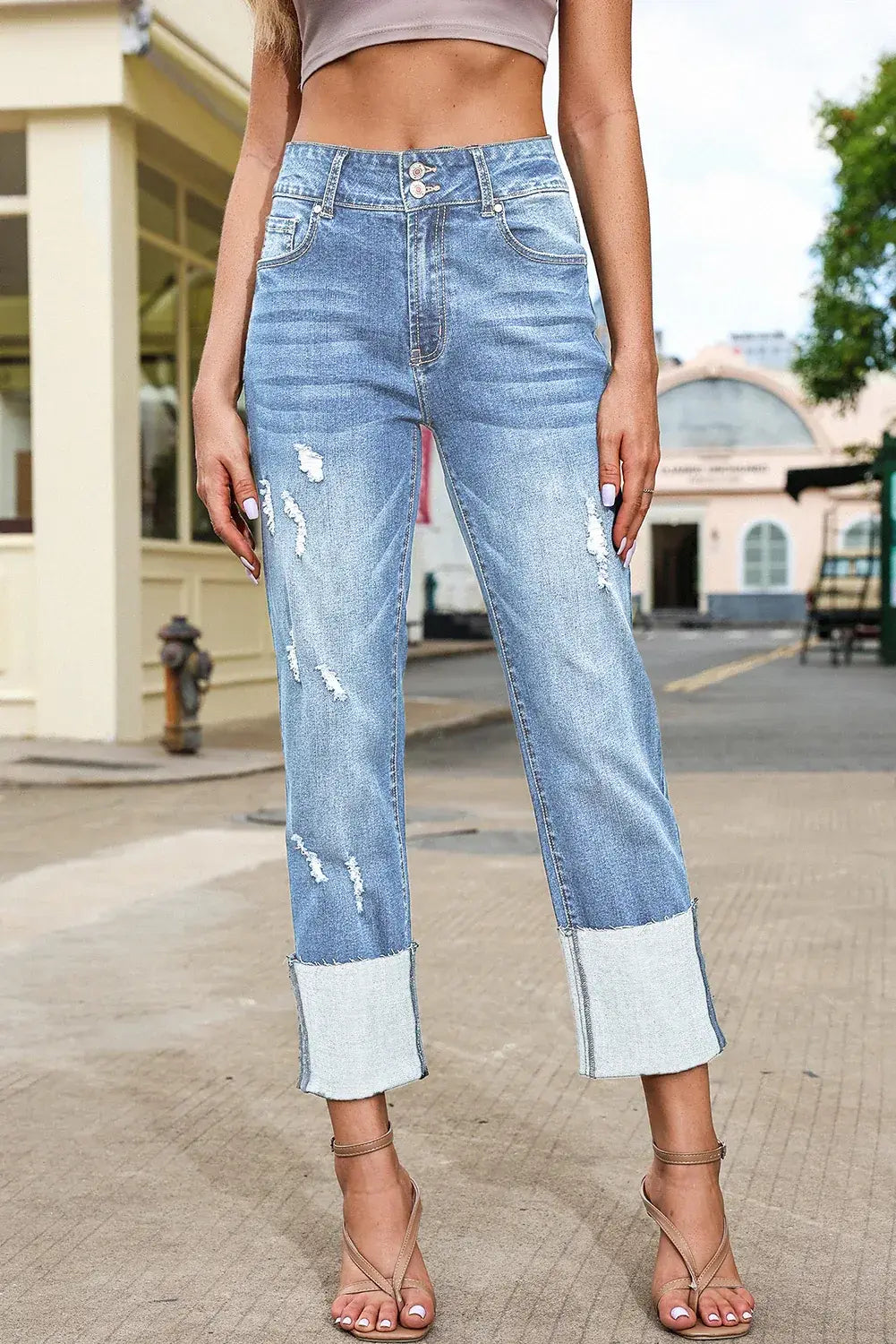 Sky Blue High Waist Distressed Straight Leg Jeans - Sweet Fashion Wholesale