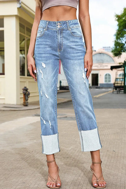 Sky Blue High Waist Distressed Straight Leg Jeans - Sweet Fashion Wholesale