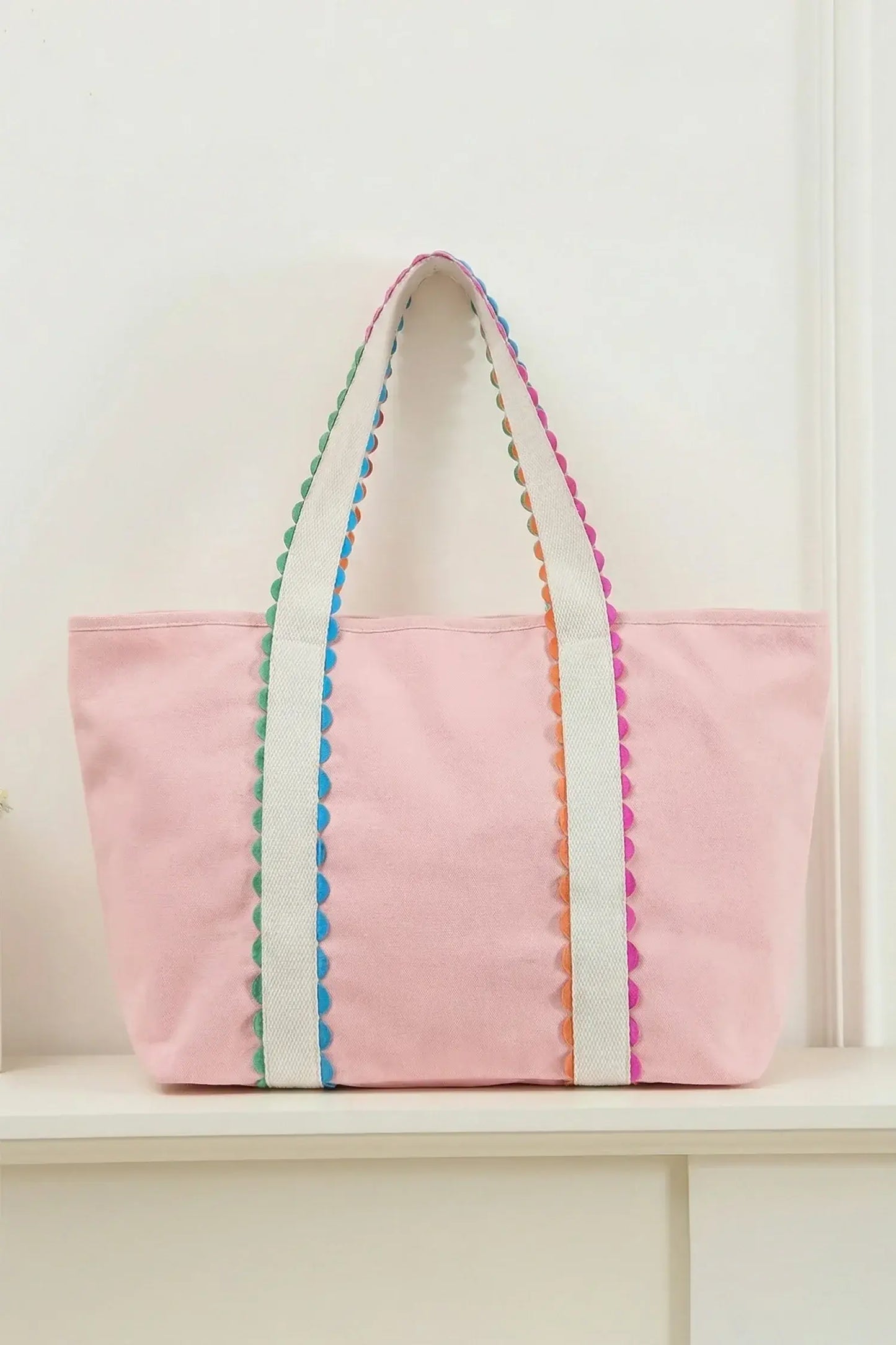 White Colorful Ricrac Detail Canvas Tote Bag