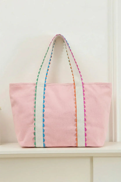White Colorful Ricrac Detail Canvas Tote Bag
