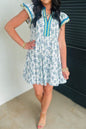 Sky Blue Floral Print Contrast Trim Flutter Sleeve Mini Dress