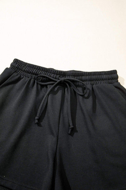 White Contrast Leopard Bow Patched V Neck Loose Tee Drawstring Shorts 2pcs Outfit