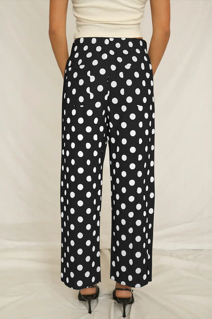 Black Polka Dot Print Patched Pocket Mid-rise Straight Leg Pants - Sweet Fashion Wholesale