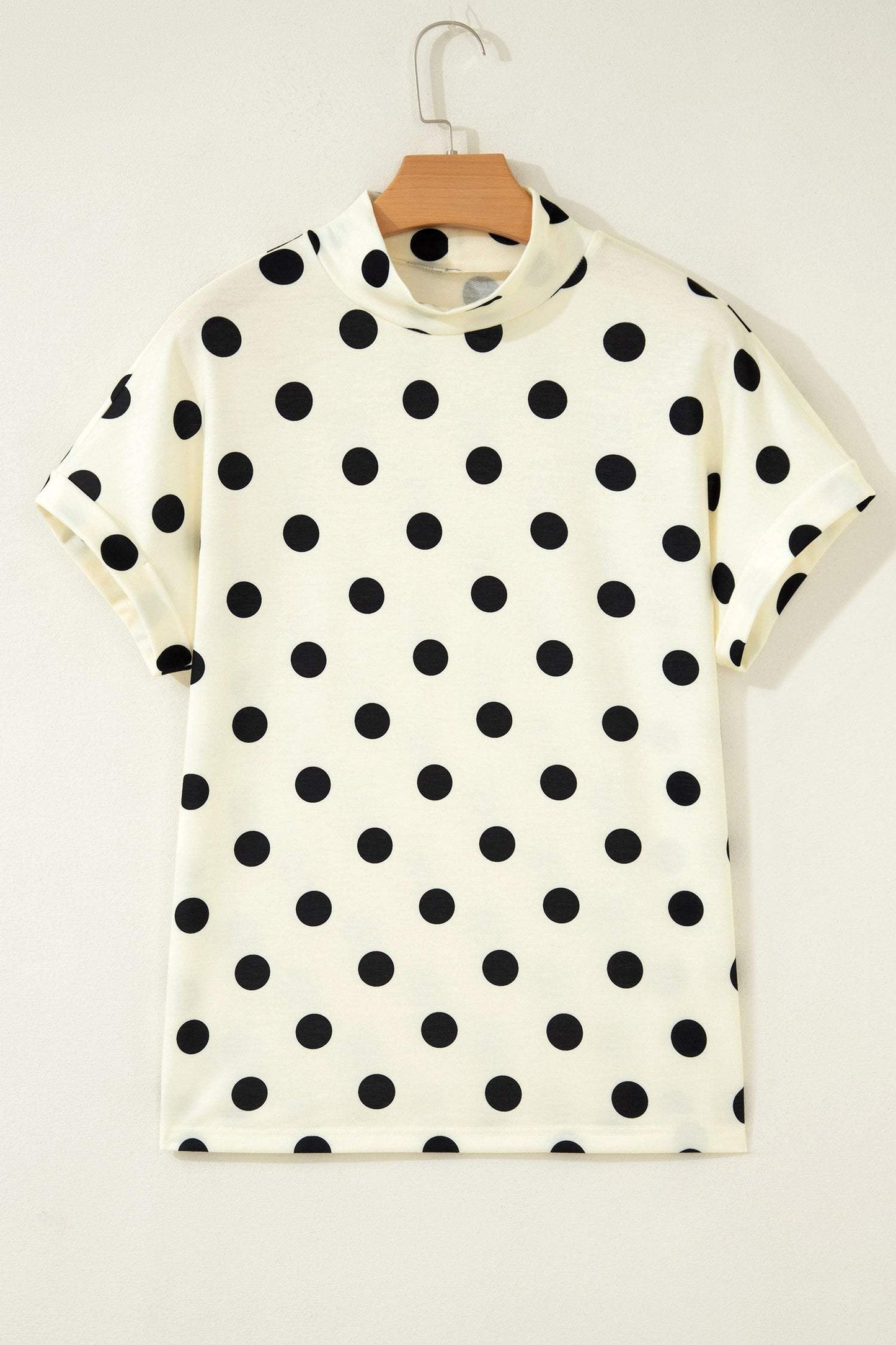 Beige Polka Dot Print High Neck Dolman Top