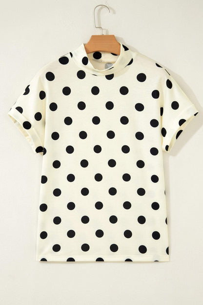 Beige Polka Dot Print High Neck Dolman Top