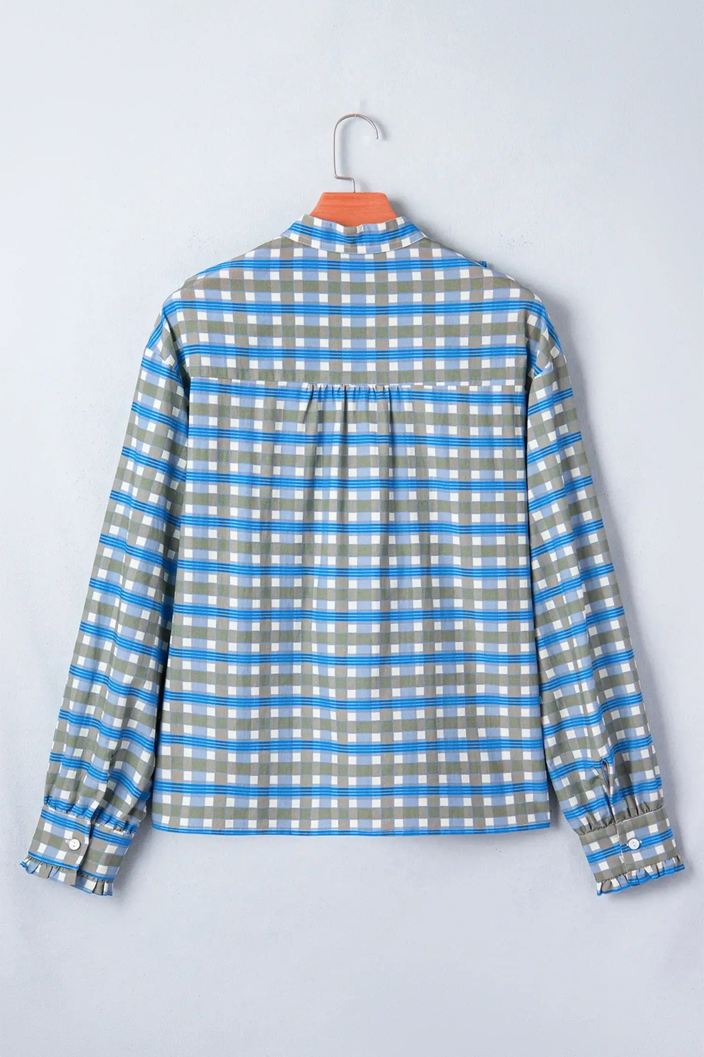 Sky Blue Plaid Long Sleeve Frilled Detail Half Button Blouse - Sweet Fashion Wholesale