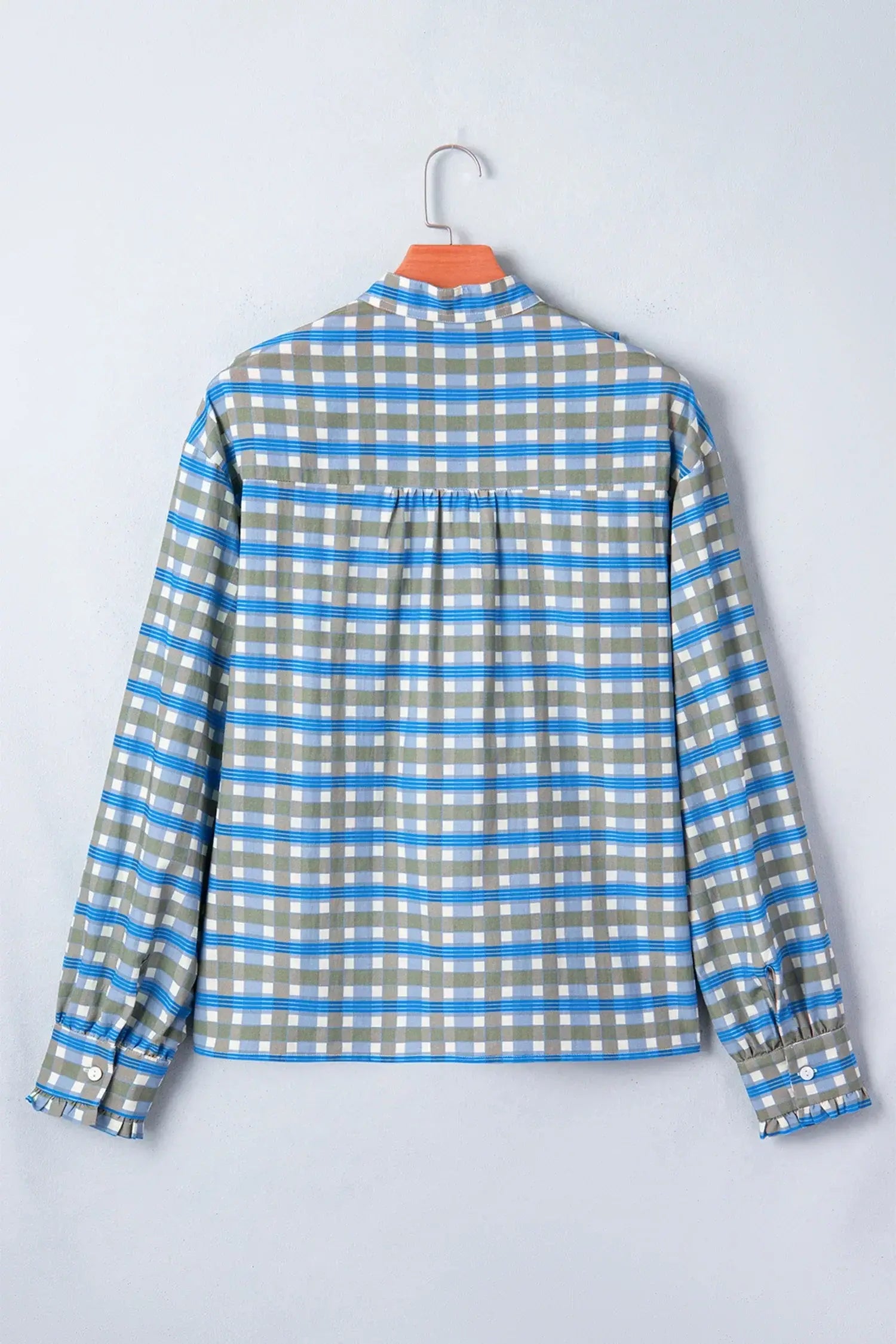 Sky Blue Plaid Long Sleeve Frilled Detail Half Button Blouse - Sweet Fashion Wholesale