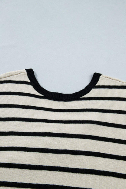 Black Stripe Bow Applique Short Sleeve Sweater