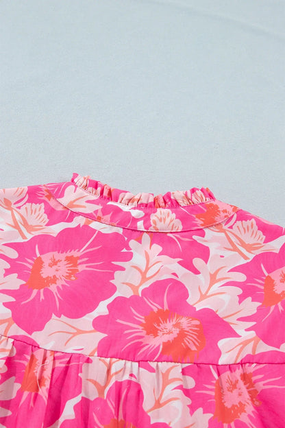 Pink Short Bubble Sleeve Summer Floral Blouse - Sweet Fashion Wholesale
