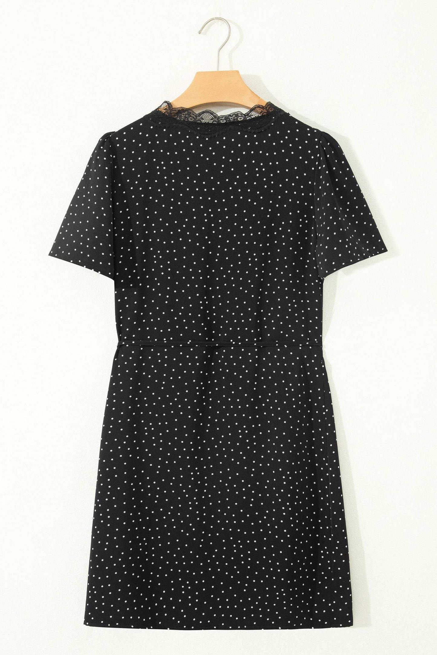 Black Polka Dot Print Lace Trim Wrap Mini Dress