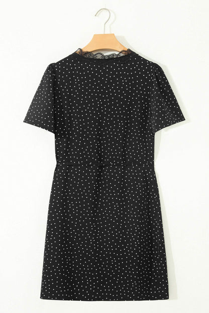 Black Polka Dot Print Lace Trim Wrap Mini Dress